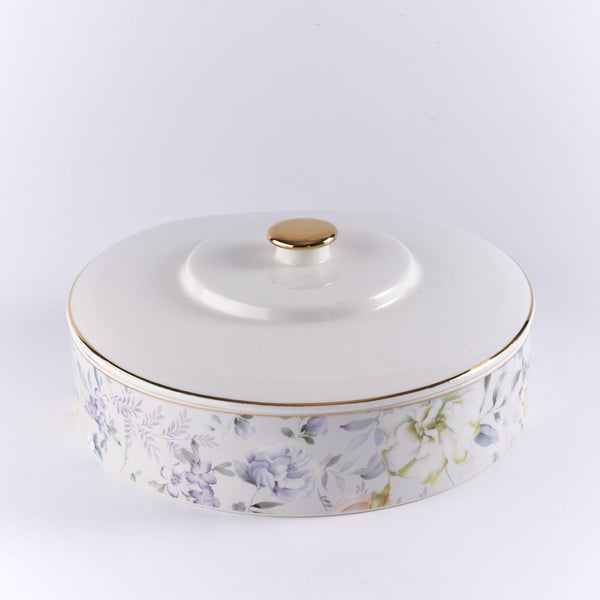  ابيض -  تمرية بورسلان حجم  كبير مع غطاء من ديون.