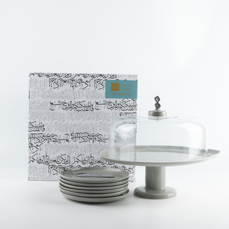 Otantik 6 Plates And Stand With Acrylic Cover With Knife From Liqaa Grey + Silver MS Department Store Oman