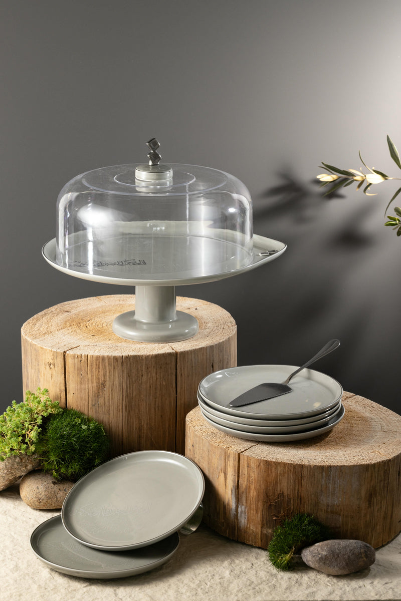 6 Plates And Stand With Acrylic Cover With Knife From Liqaa -  Grey + Silver MS Department Store Oman
