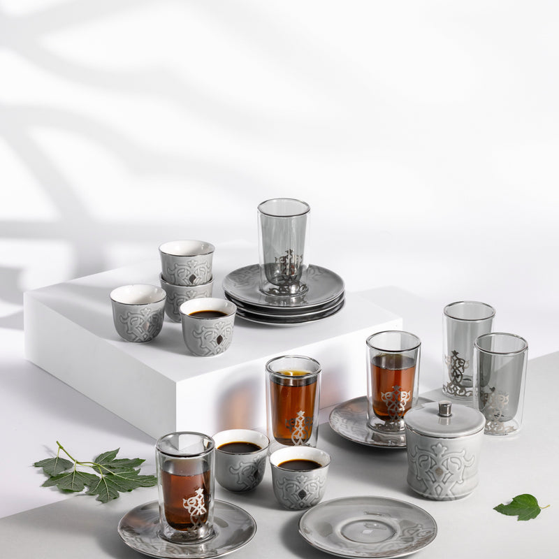 Tea And Arabic Coffee Set 19 pcs From Naqsh - Grey + Silver MS Department Store Oman