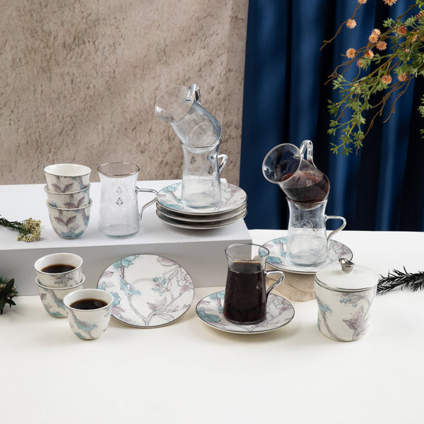 Tea And Arabic Coffee Set 19 pcs From Khuzama - Blue + Silver