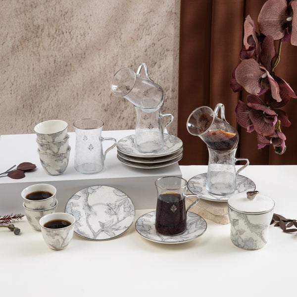 Tea And Arabic Coffee Set 19 pcs From Khuzama - Grey + Silver