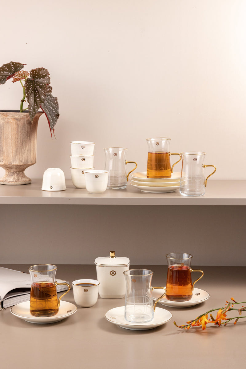Tea And Arabic Coffee Set 19 pcs From   Mirral - White + Gold MS Department Store Oman