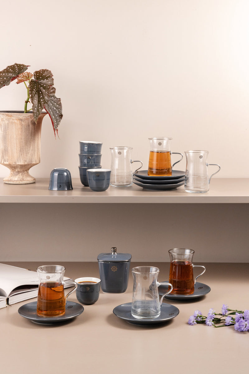 Tea And Arabic Coffee Set 19 pcs From  Mirral - Dark Blue  + Silver MS Department Store Oman