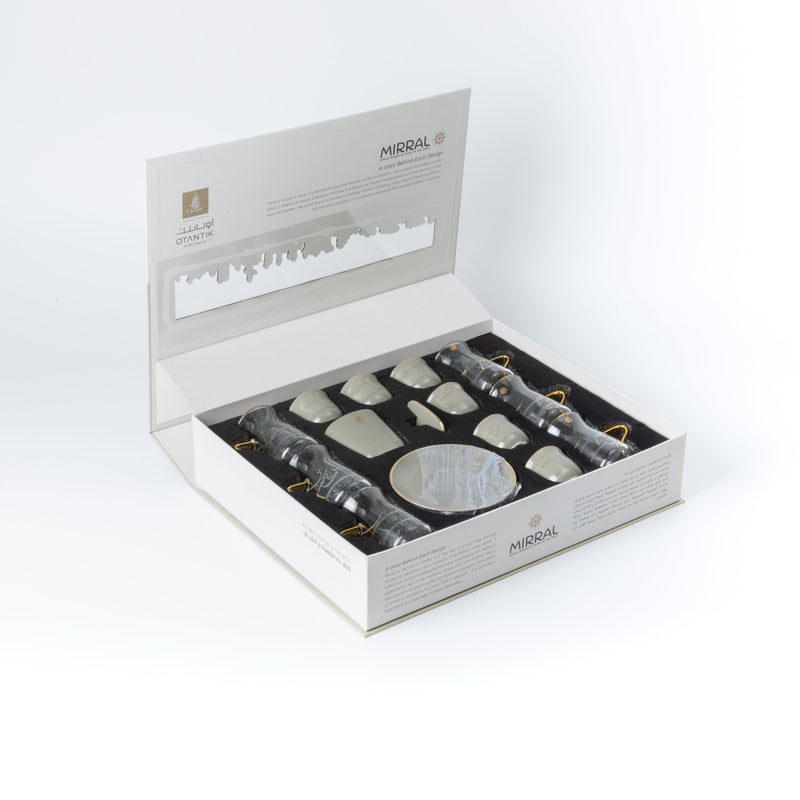 Otantik Tea And Arabic Coffee Set 19 pcs From Mirral Grey + Gold MS Department Store Oman