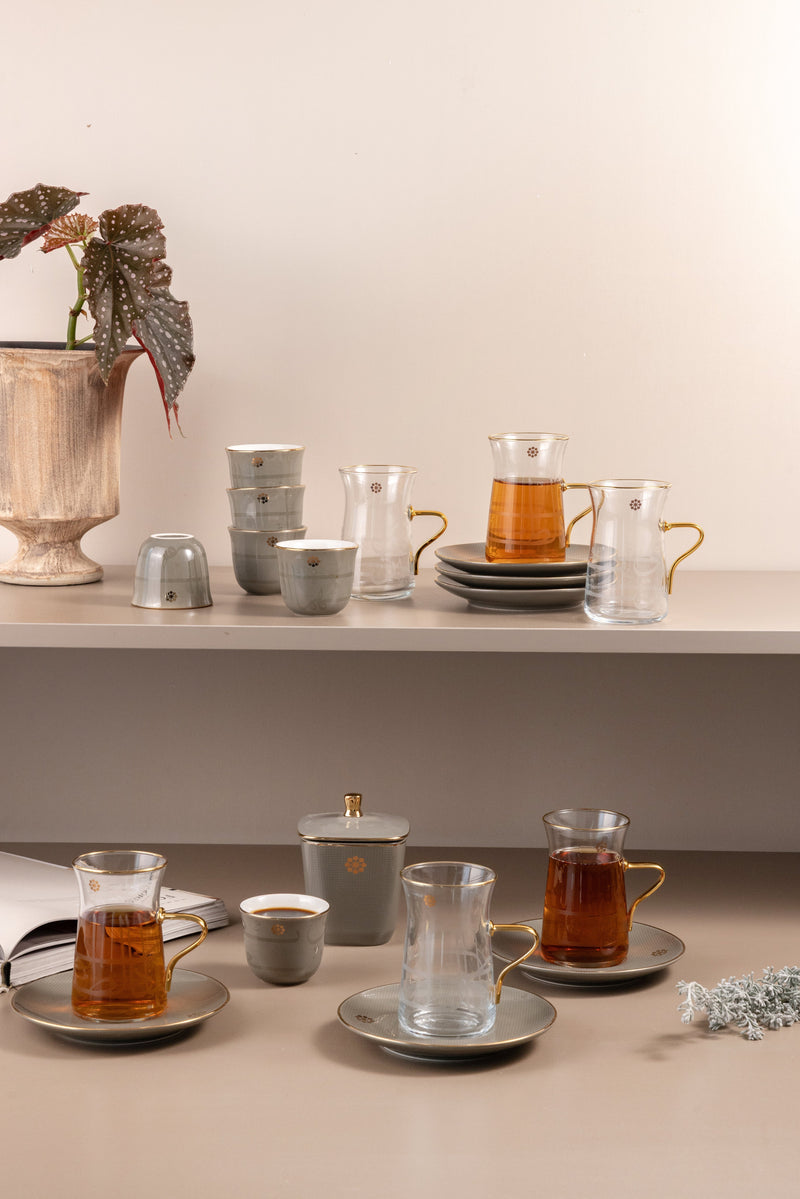 Tea And Arabic Coffee Set 19 pcs From  Mirral - Grey + Gold MS Department Store Oman