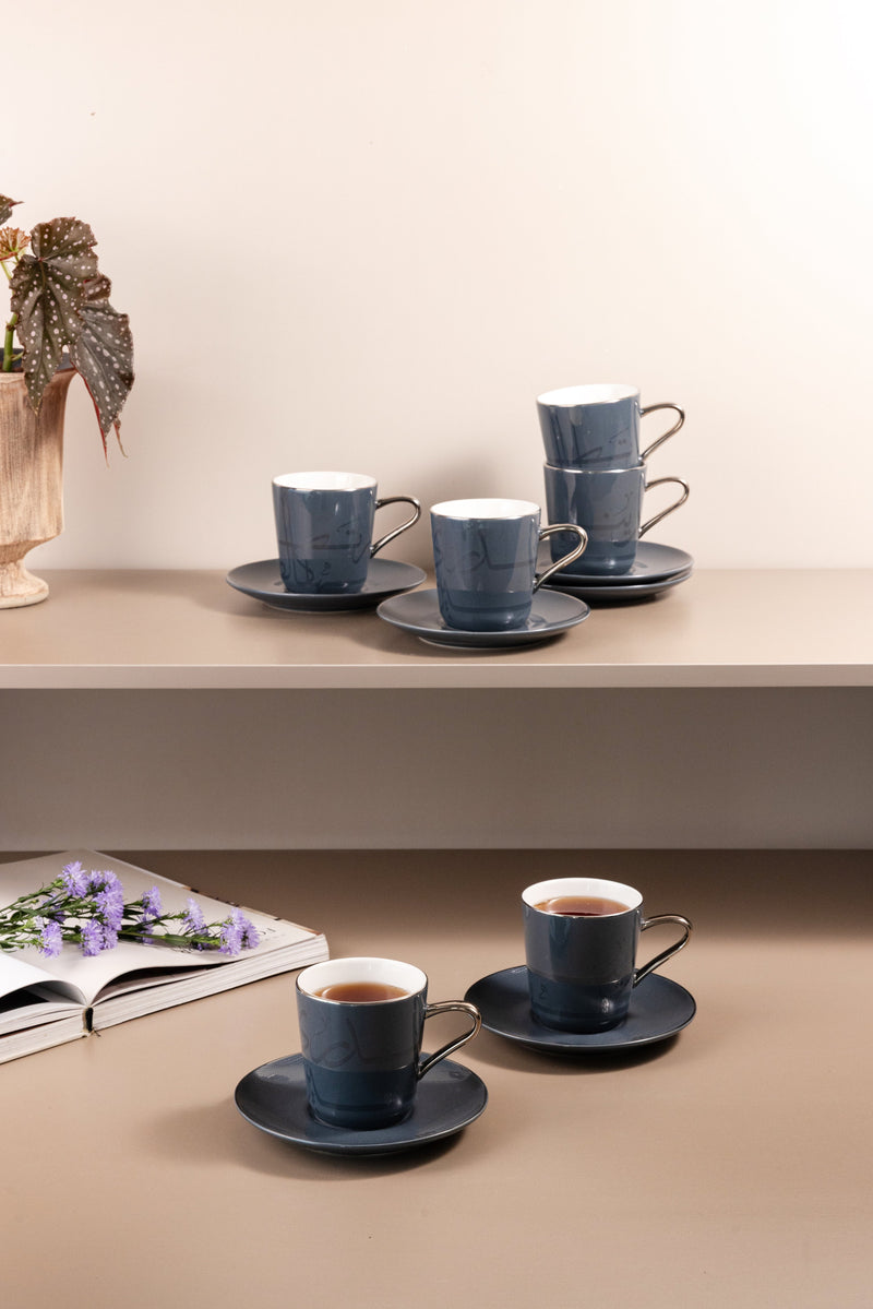 Porcelain Tea Set 12 Pcs From Mirral - Dark Blue + Silver MS Department Store Oman